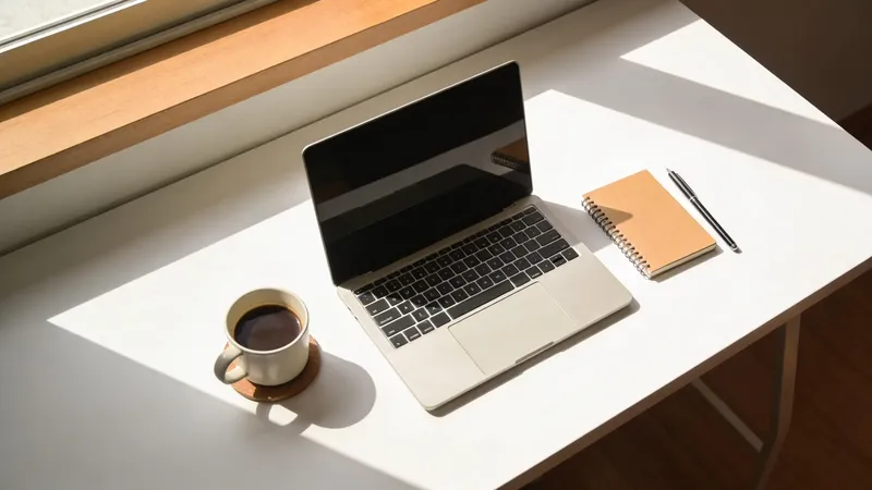 Minimalistický pracovní stůl s notebookem, zápisníkem a kávou
