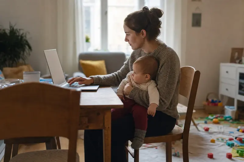 Matka drží miminko na klíně a pracuje na notebooku