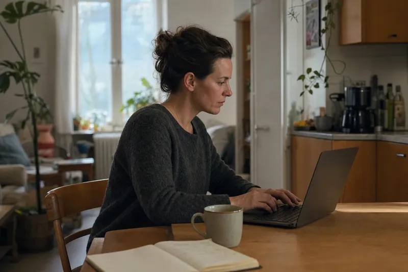 Žena pracuje na notebooku u kuchyňského stolu v bytě